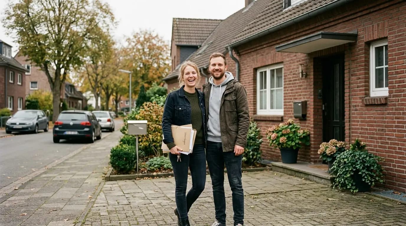 Lachendes junges Paar mit Unterlagen vor einem Backsteinhaus in einer herbstlichen Wohnstraße